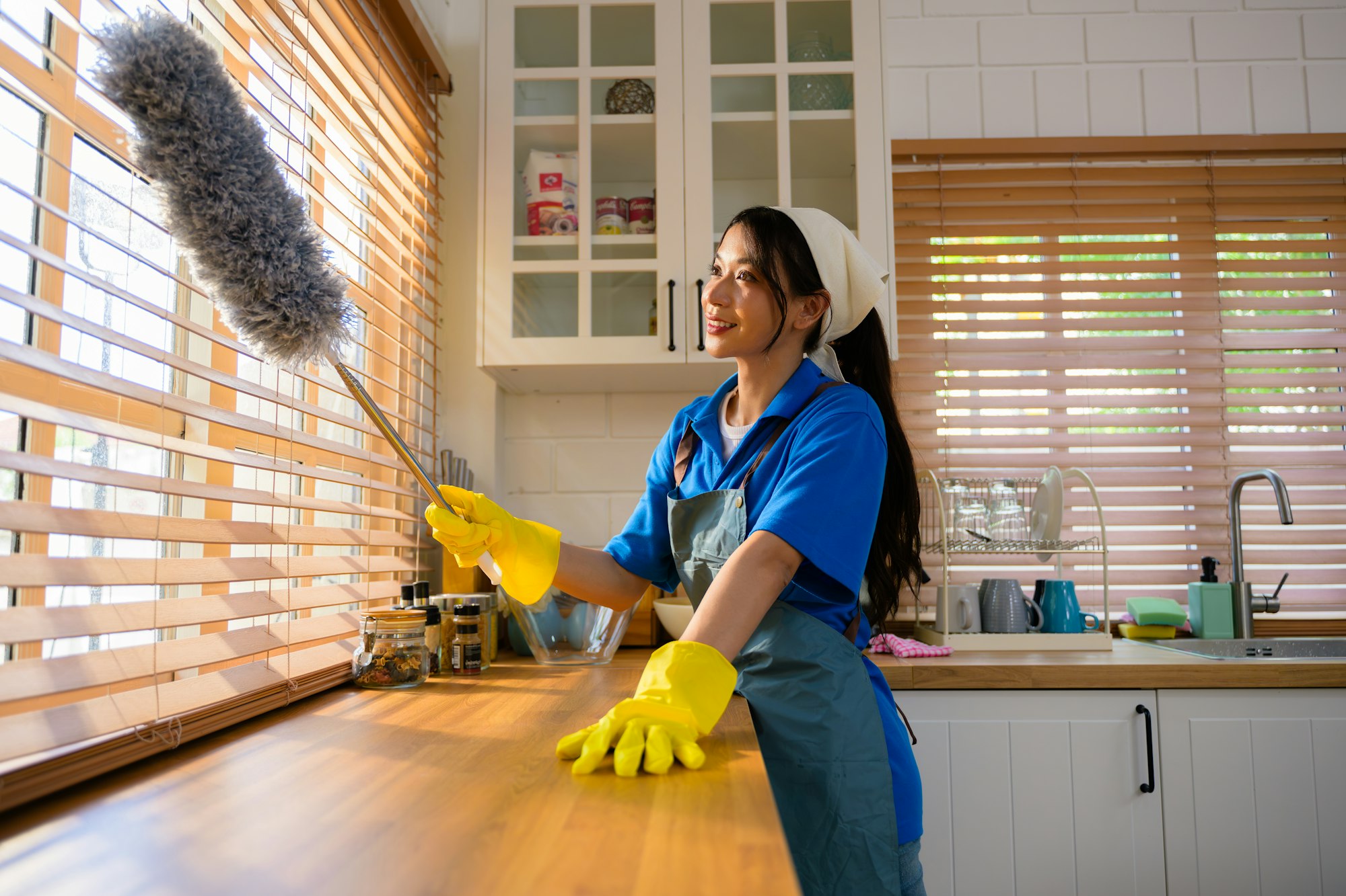 Happy woman cleaning house, Housekeeping and cleaning service, People doing housework at home