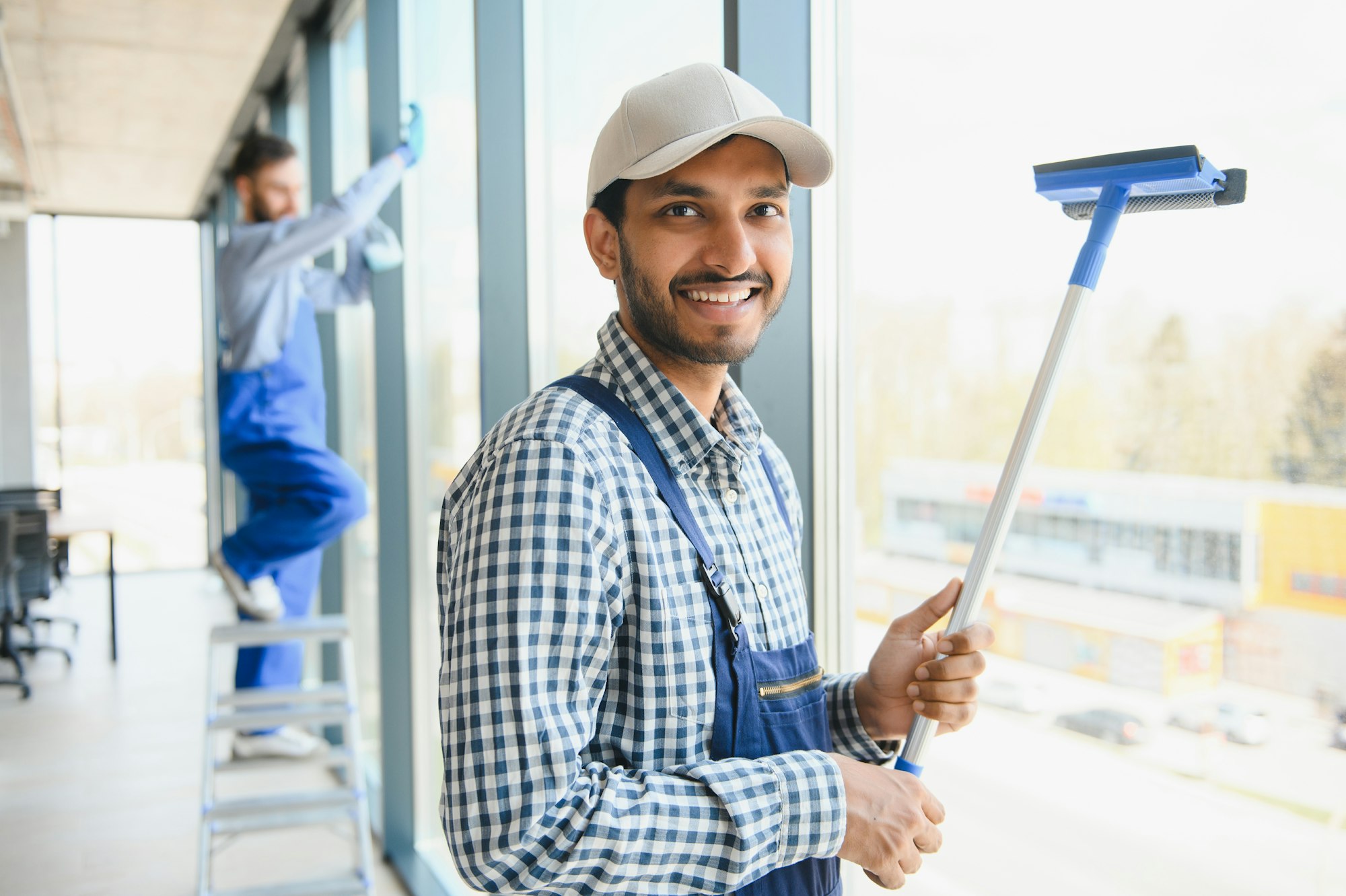 Male janitor cleaning window in office